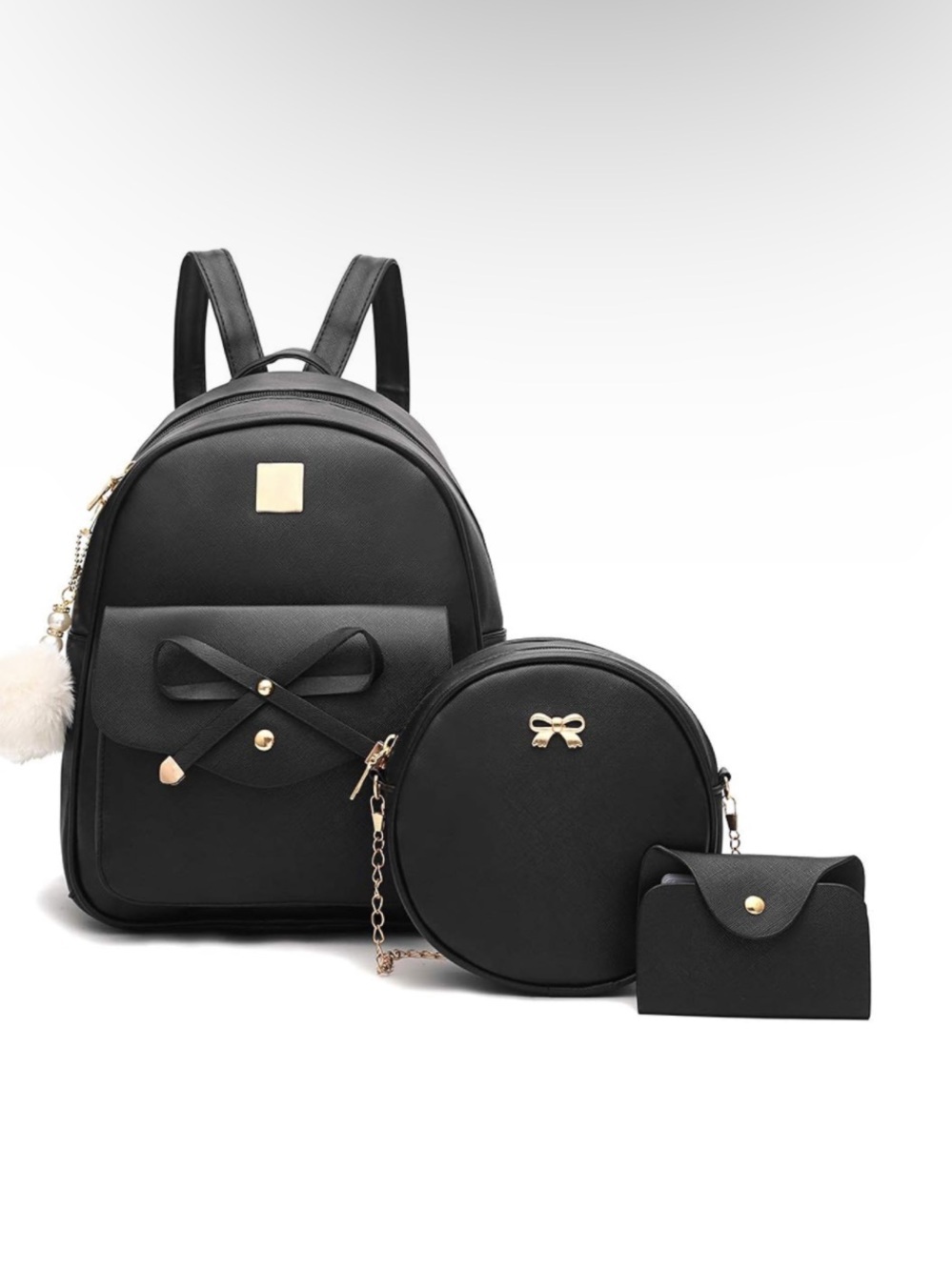Black Bow Accent 3-Piece Women s Bag Set - Backpack, Crossbody & Wallet